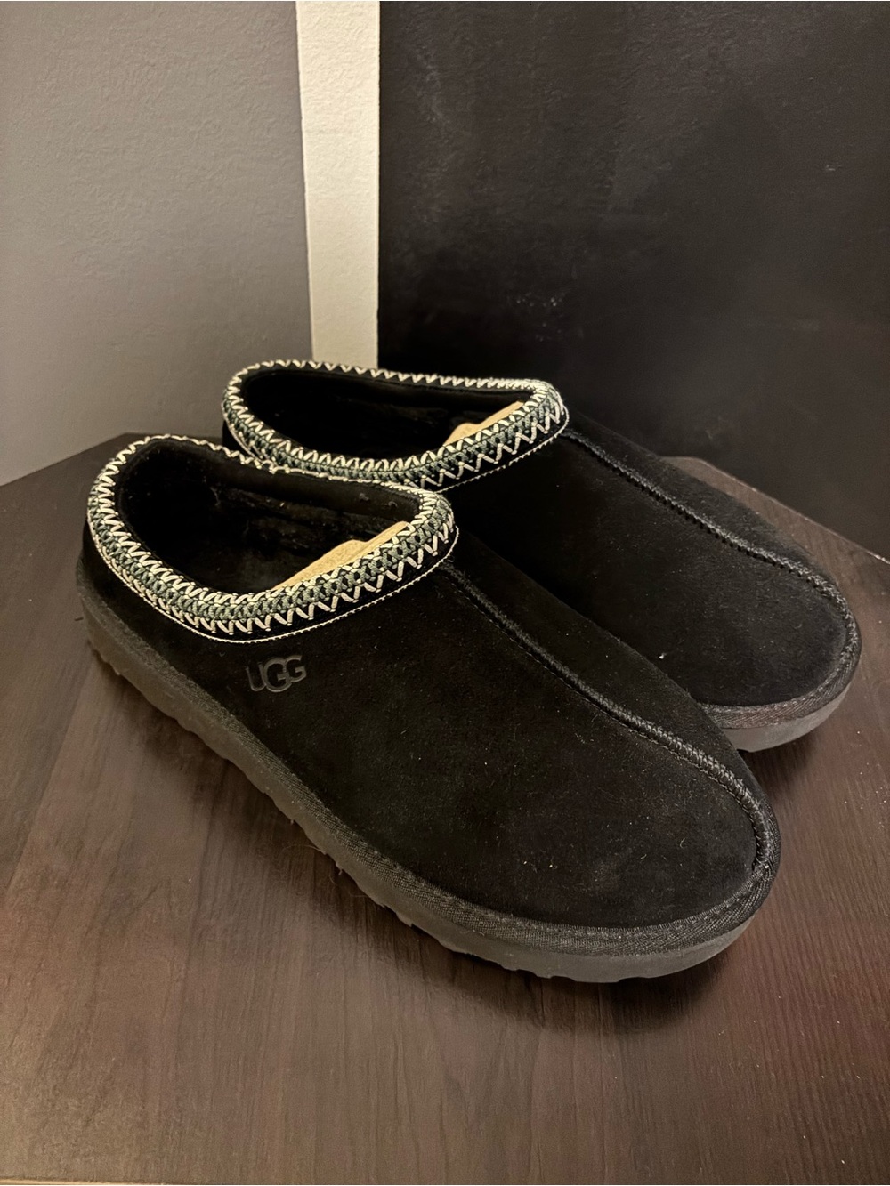 UGG Men's Black Suede Casual Slip-On Loafers with Contrast Trim